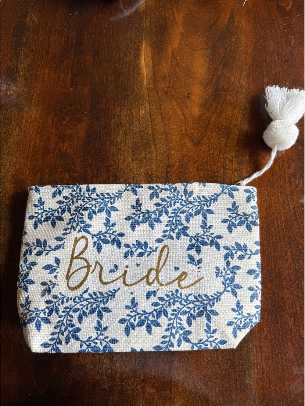 Shiraleah Chicago Bride Cosmetic Bag with Blue Leaf Print and Tassel